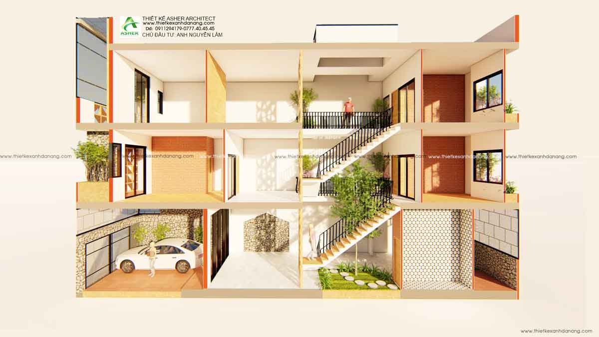 thiết kế nhà 3 tầng 5x20 anh Lâm tại Hòa Xuân Đà Nẵng